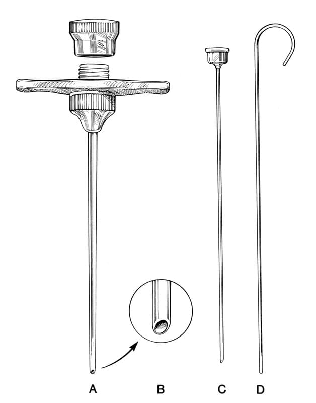 Figure 5-4. Jamshidi type biopsy device. A. Cannula and screw on cap. B. Tapered point to “lock in” the biopsy specimen. C. Pointed stylet to advance the cannula through soft tissue structures. D. Probe to expel the specimen out of the cannula base. (From Powers BE, LaRue SM, Withrow SJ, et al. Jamshidi needle biopsy for diagnosis of bone lesions in small animals. J Am Vet Med Assoc [in press].)