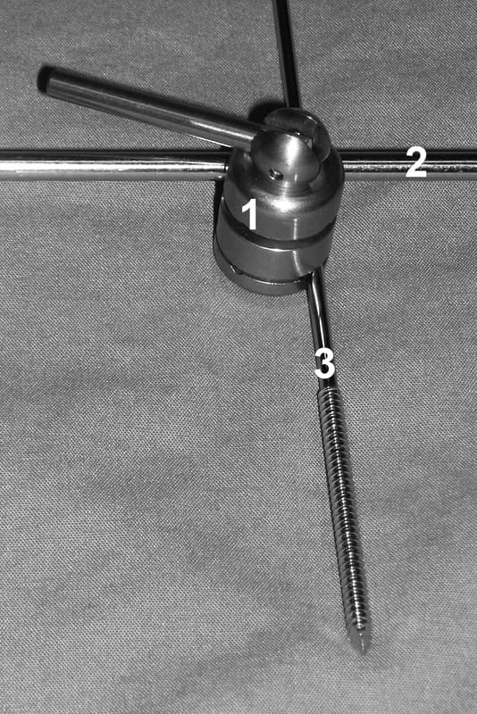 Figure 53-12. A. The frame alignment device uses a special clamp (1) that temporarily grips a connecting rod (2) and a fixation pin (3)